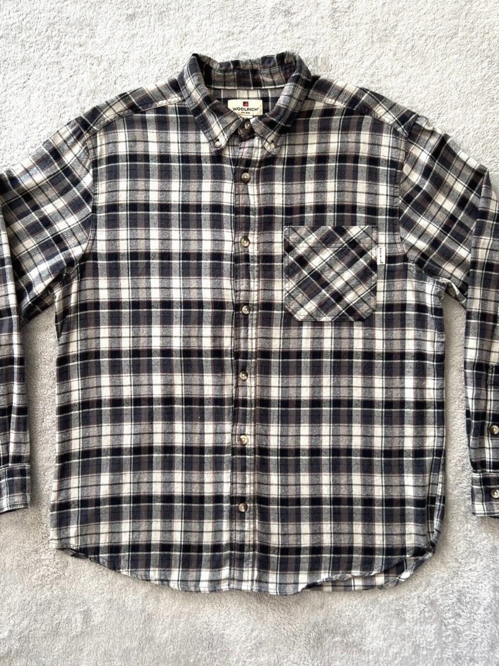Woolrich Flannel Shirt Mens Large Black Plaid Lumberjack Outdoor Utility Casual